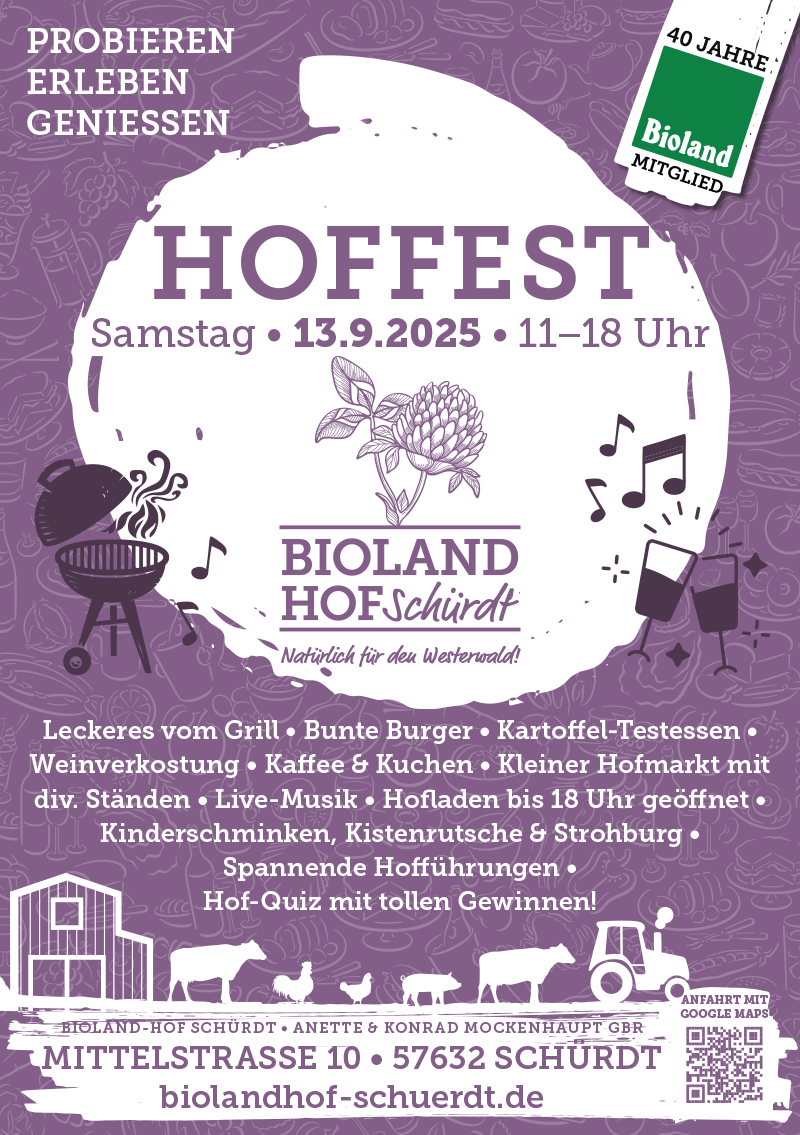 Flyer Hoffest 2025 auf dem Bioland-Hof in Schürdt bei Altenkirchen im Westerwald